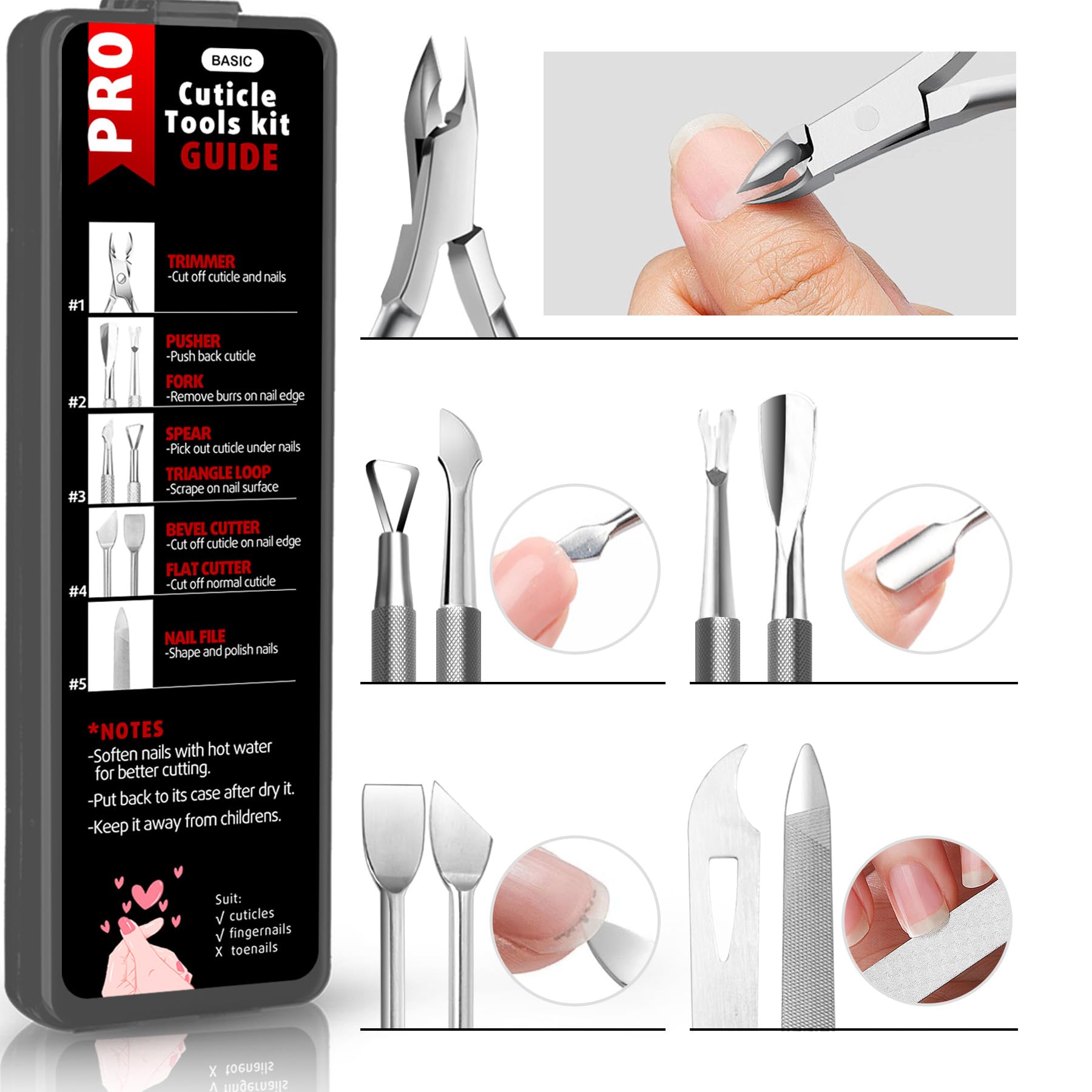 Juego de 5 recortadoras de cutículas con empujador, cortador, raspador, pinzador, cortaúñas profesional, de acero inoxidable, kit de herramientas para quitar cutículas de manos y pies, con 7