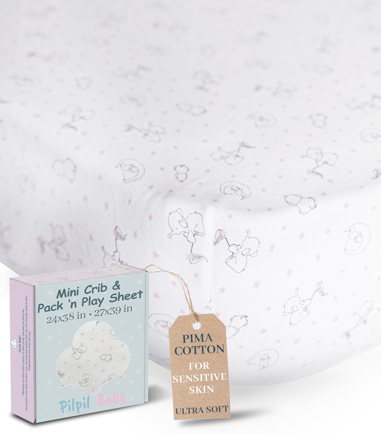 Mini Crib Sheet for Pack ’n Play 24x38 & 27x39 – 100% Peruvian Pima Cotton – Softer Than Muslin – Breathable & Hypoallergenic – Baby Bedding for Sensitive Skin – Pilpil Baby – Elephant Rose