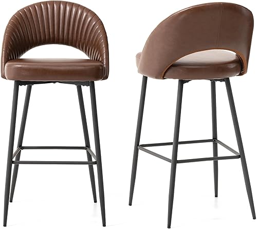 Miniatura 7 de glitzhome Juego de 2 taburetes altos modernos de piel sintética, taburetes de bar altos de respaldo medio con patas cónicas de metal, sillas de bar