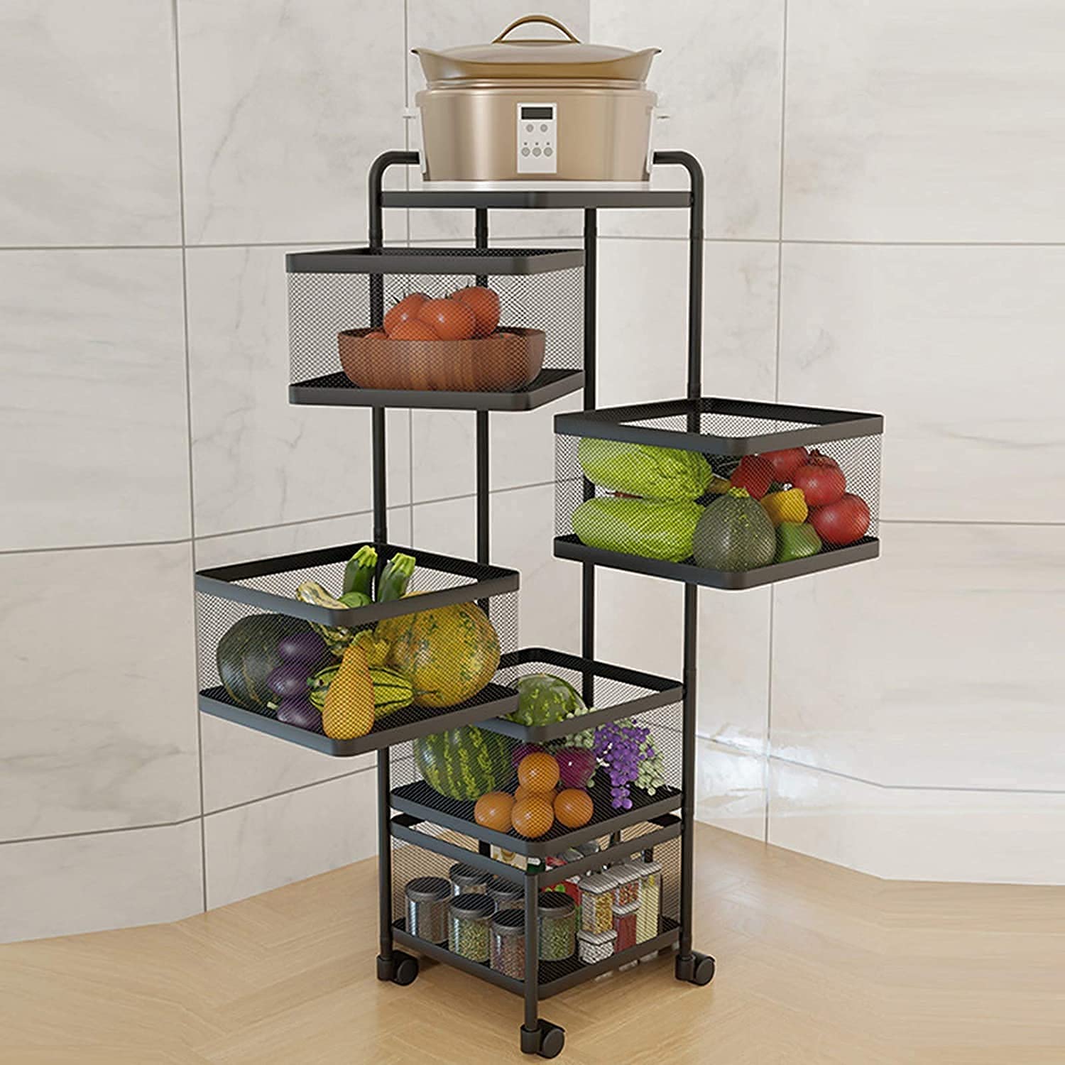 Alexent 4-Tier Rolling Stackable Baskets Wire Organizer Basket With Lockable Wheels For Kitchen Nursery Garage Closet Toy Room Storage