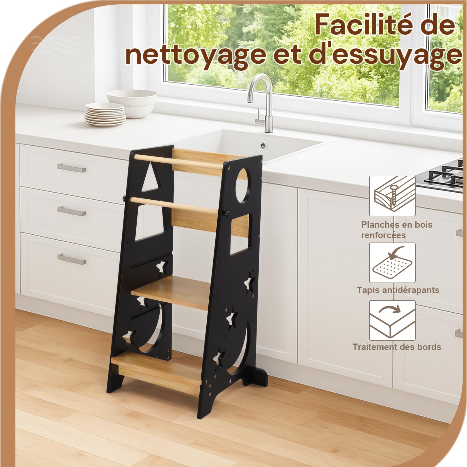 LEADZM Tour d Observation Enfant Montessori，Tour d'apprentissage，3 Hauteurs en Bois, Stabilité Anti-Bascule et Découverte des Formes(Noir+Nature)