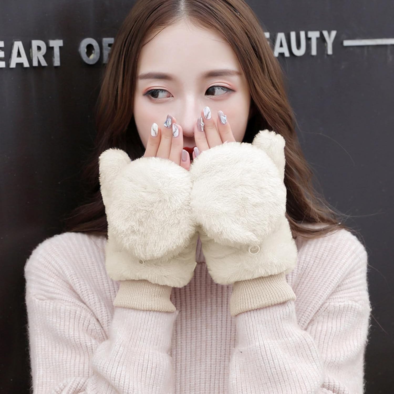 Winter Faux Fur Convertible Mittens for Women Girls Thermal Warm Half Finger Fingerless Gloves - Image 3