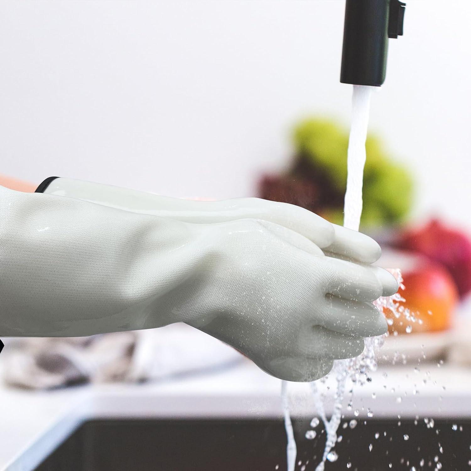 Oven Gloves Liquid Silicone Gloves Food Grade Heat Resistant Mitts with Fingers, for Cooking Baking Grilling Waterproof, with Nylon Liner, White, Large - Image 4