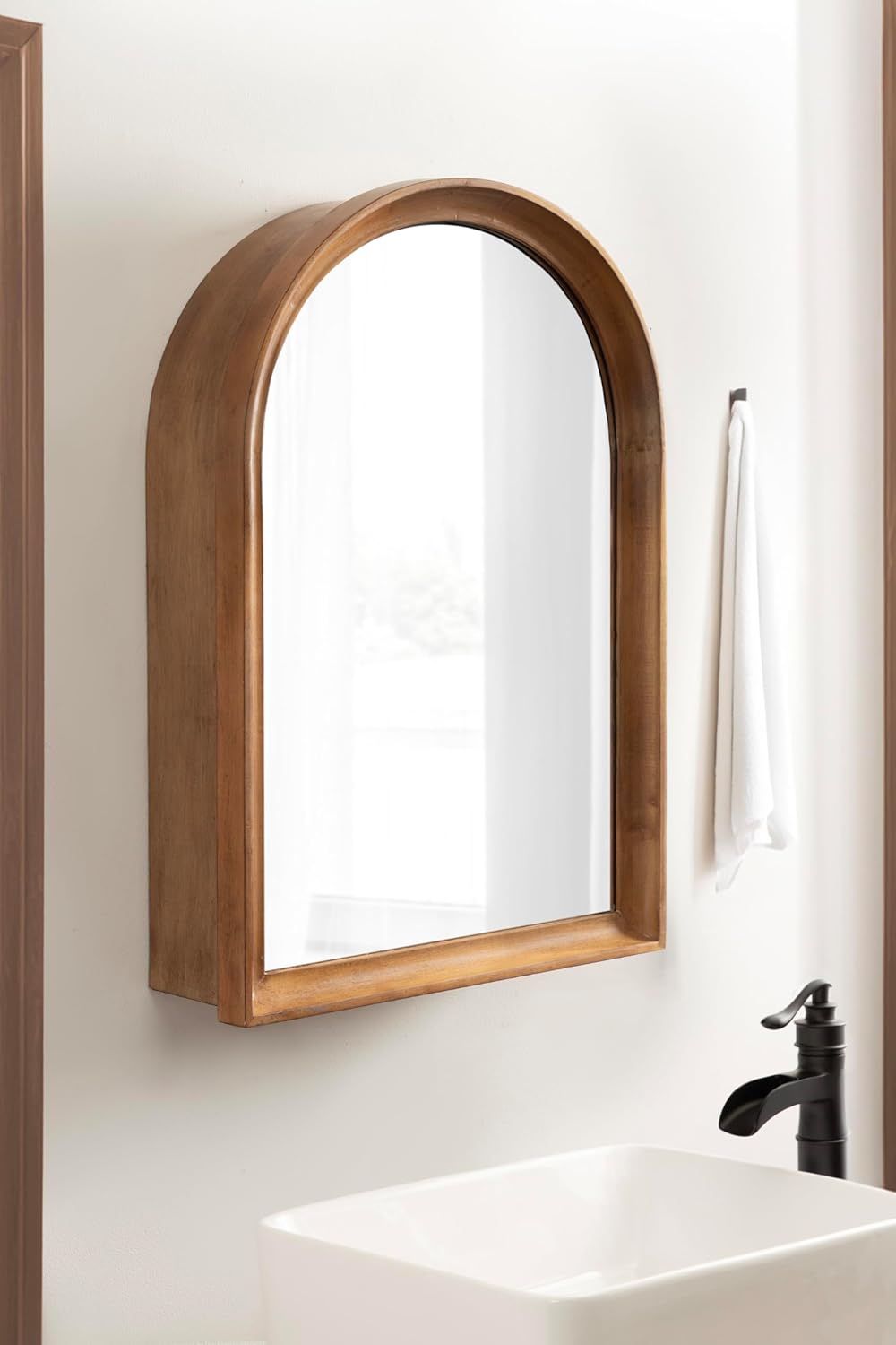 Kate and Laurel Hatherleigh Modern Arched Bathroom Cabinet with Mirror, 20 x 6 x 30, Rustic Brown, Decorative Wooden Bathroom Mirror with Storage for Bath Medicine Cabinet or Over-The-Toilet Storage
