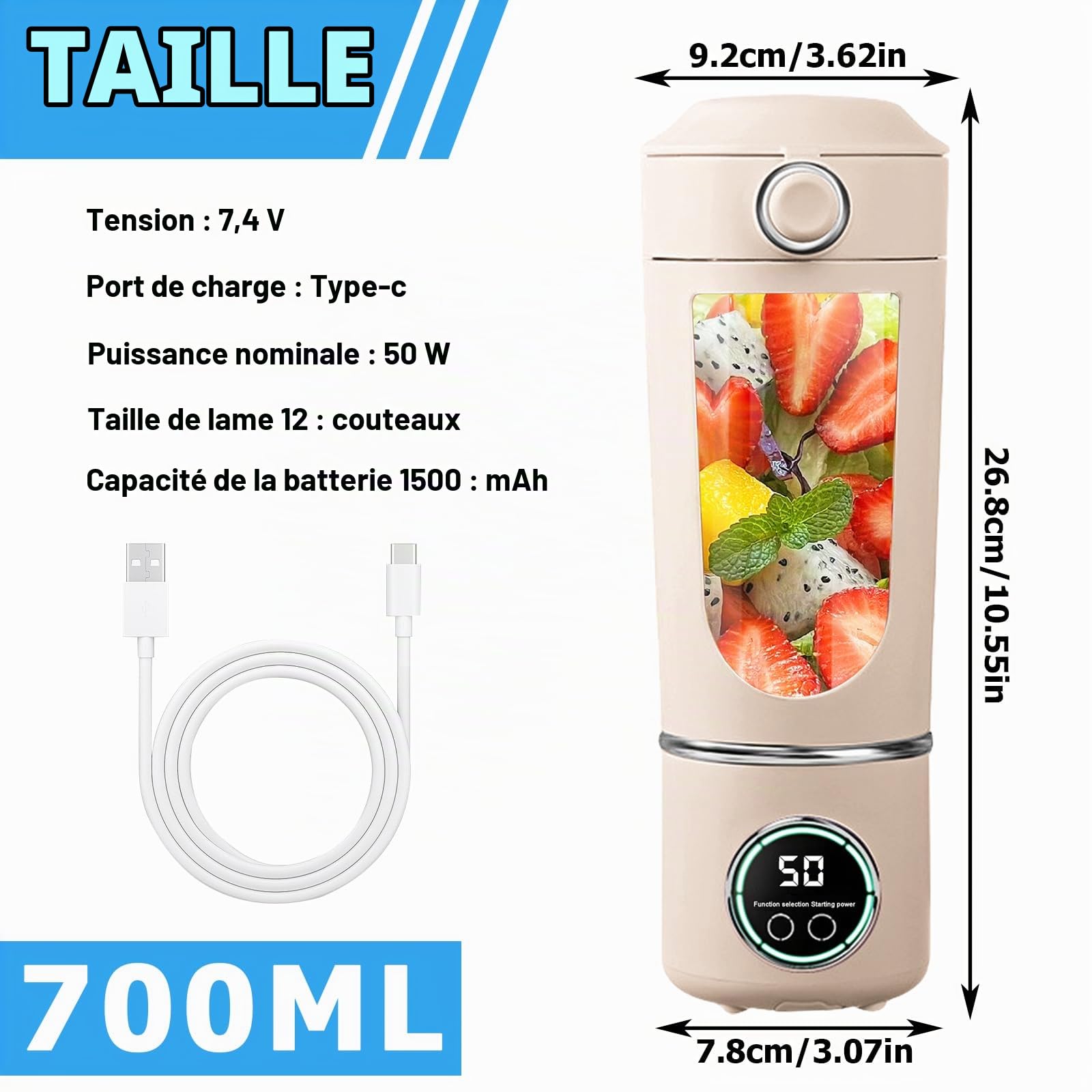 Tragbarer Mixer, Mini Standmixer, Portable Blender, 700ML Mini Blender, Wiederaufladbarer Typ-C, 12 Klingendesign Und Stroh, Für Familien, Camping, Sport, Küche, Fitnessstudio, Reisen