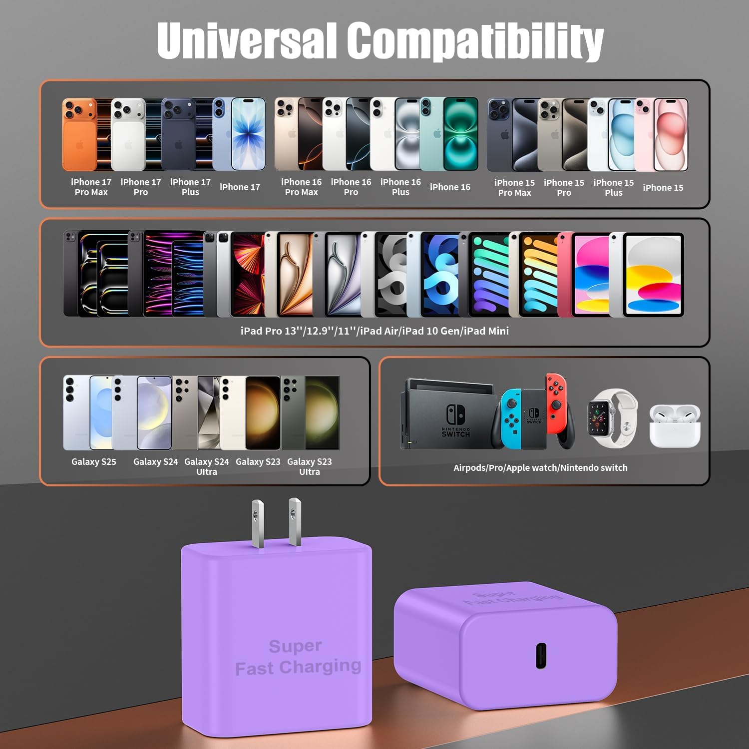 iPhone 17 16 Pro Max Charger Fast Charging, Super Fast USB C Chargers for iPhone 17(6FT+6FT+10FT) Type C Chargers Cord with Fast Charger Block for iPhone 17/16/15 series/iPad/ GalaxyS26/S25/S24 Purple