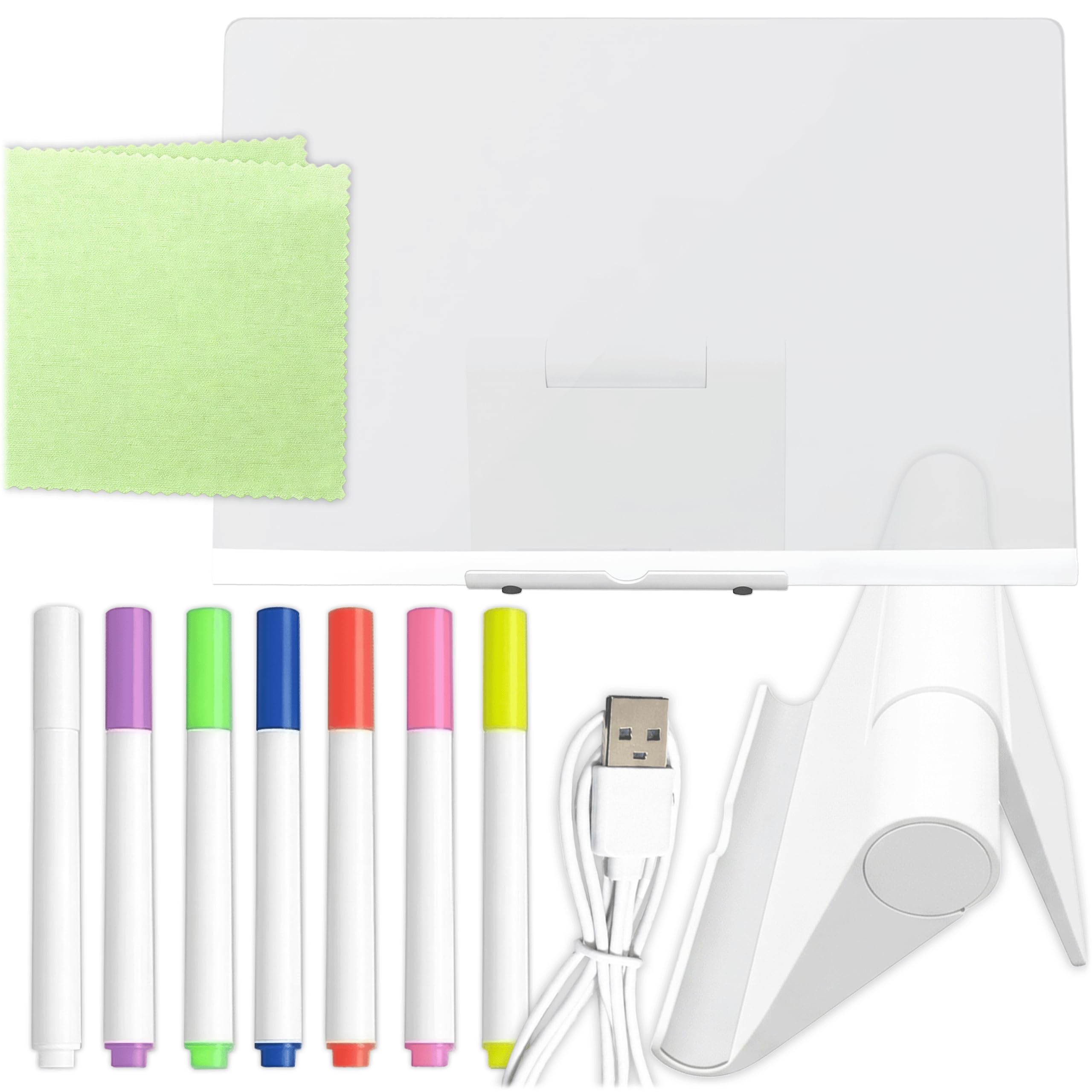 KRUMAD Tablica świetlna LED z 7 markerami w zestawie, przezroczysta świetlna tablica akrylowa z zasilaniem USB, wielokrotnego użytku tablica do rysowania z funkcją wymazywania, 30 x 20 cm skrzynka