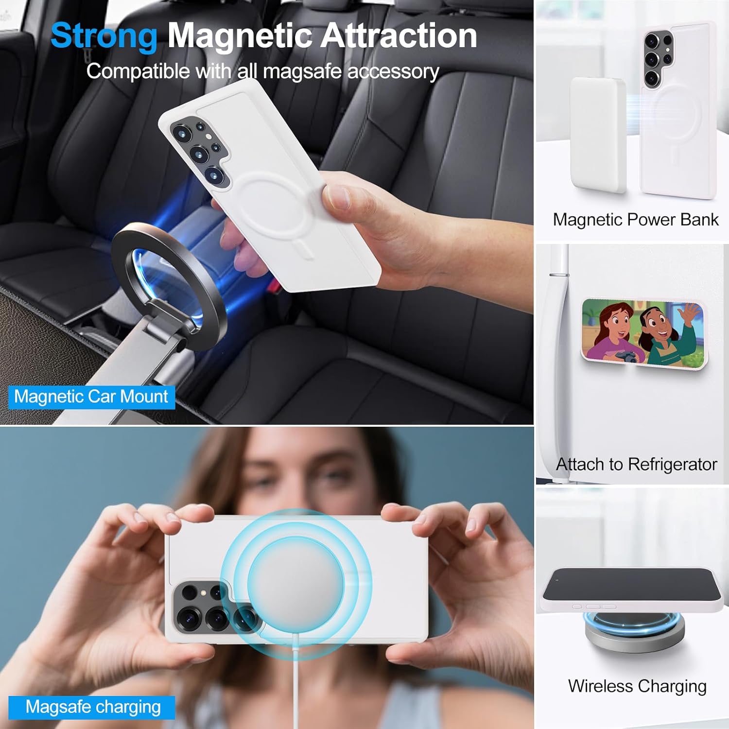 Harryshell 2 in 1 for Samsung Galaxy S24 Ultra Wallet Case Magnetic Compatible with Magsafe RFID Blocking Card Holder Detachable Phone Cover Zipper Purse Kickstand Wrist Strap Men Women Quilted White