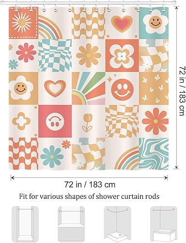 Miniatura 6 de Bonhause Bonita cortina de ducha retro, diseño abstracto de ajedrez con diseño de flores naranjas y arcoíris, decoración de baño, 72 x 72 pulgadas,