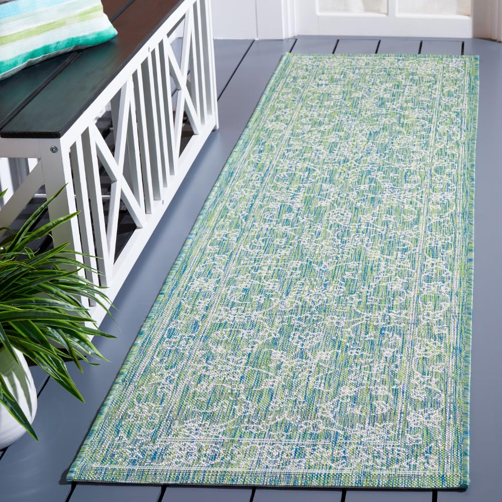 SAFAVIEH Washable Rug Outdoor Courtyard Collection - 2'3" x 10' Runner, Green & Ivory, Non-Shedding & Easy Cleaning, Ideal for Patio, Entryway,