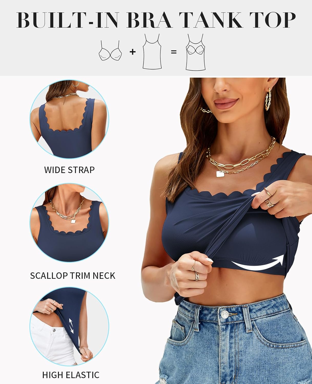 V FOR CITY Women Square Neck Tank Tops with Built in Bras Scallop Trim Fitted Camisole Ribbed Summer Top - Image 3