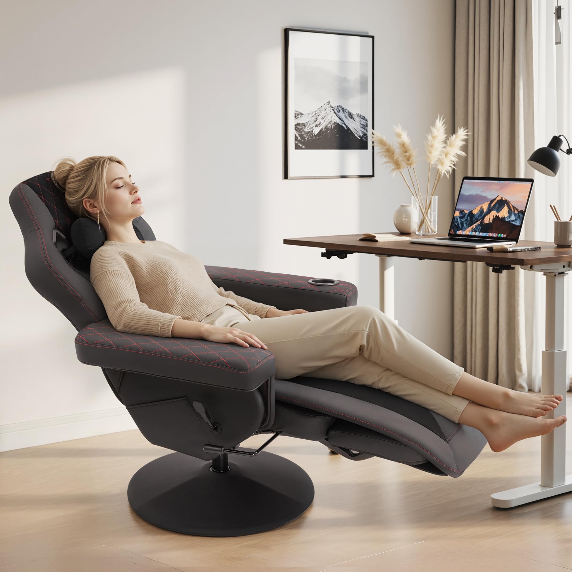 Dowinx Relaxsessel Gaming Sessel mit Shiatsu Massagefunktion, Fernsehsessel mit Liegefunktion 90°–135° und Fußstütze, 360° drehbarer Gaming Stuhl ohne Rollen, Getränkehalter, Seitentaschen-Schwarz Rot