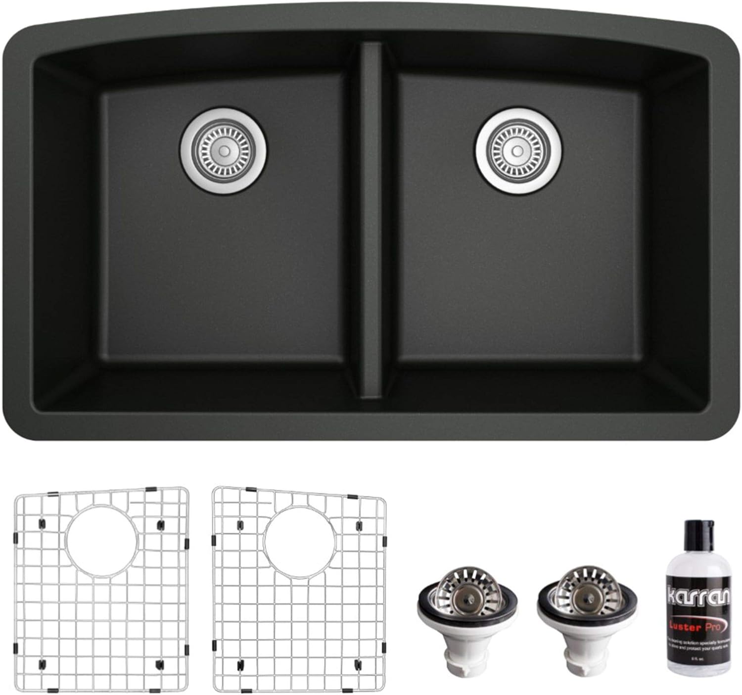 Karran QU-710 Undermount Quartz Composite 32 in. 50/50 Double Bowl Kitchen Sink Kit in Black