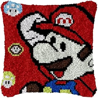 Latch Hook Cushion Kits, Latch Hook Pillow Case Kits Embroidery Kits Carpet Set17X17Inch, DIY Needlework Pillow Cover Sofa Cushion Rug Making Kits, DIY Craft Kits (43x43 cm) - Mario