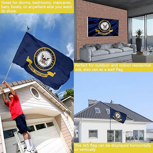 Miniatura 6 de Bandera con emblema de la Marina de los Estados Unidos de doble cara 3 x 5 para exteriores, banderas militares navales resistentes - Bandera de la