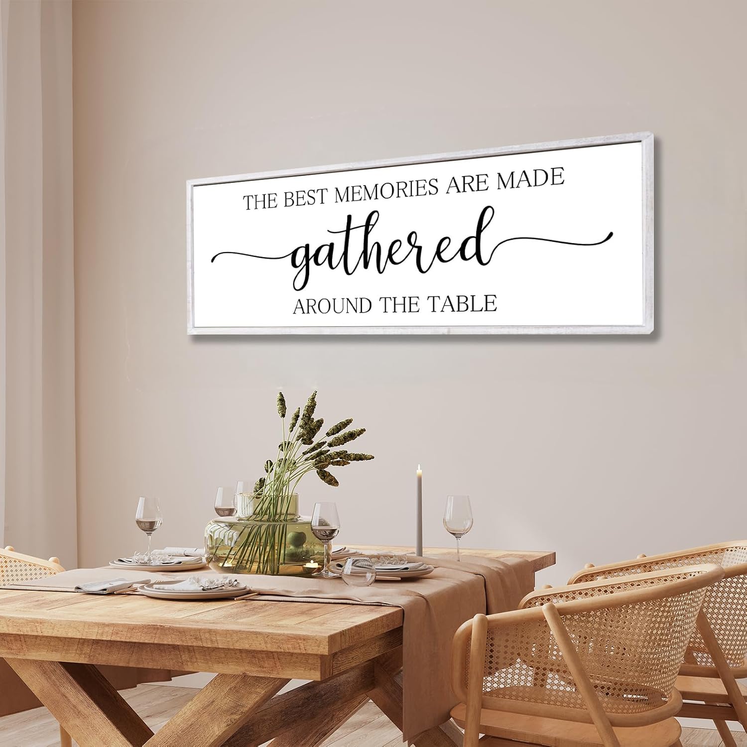 Rutiyoka the Best Memories are Made Gathered Around the Table Sign Framed Farmhouse Dining Room Wall Decor Large 42"×15" Wood Kitchen Wall Art White