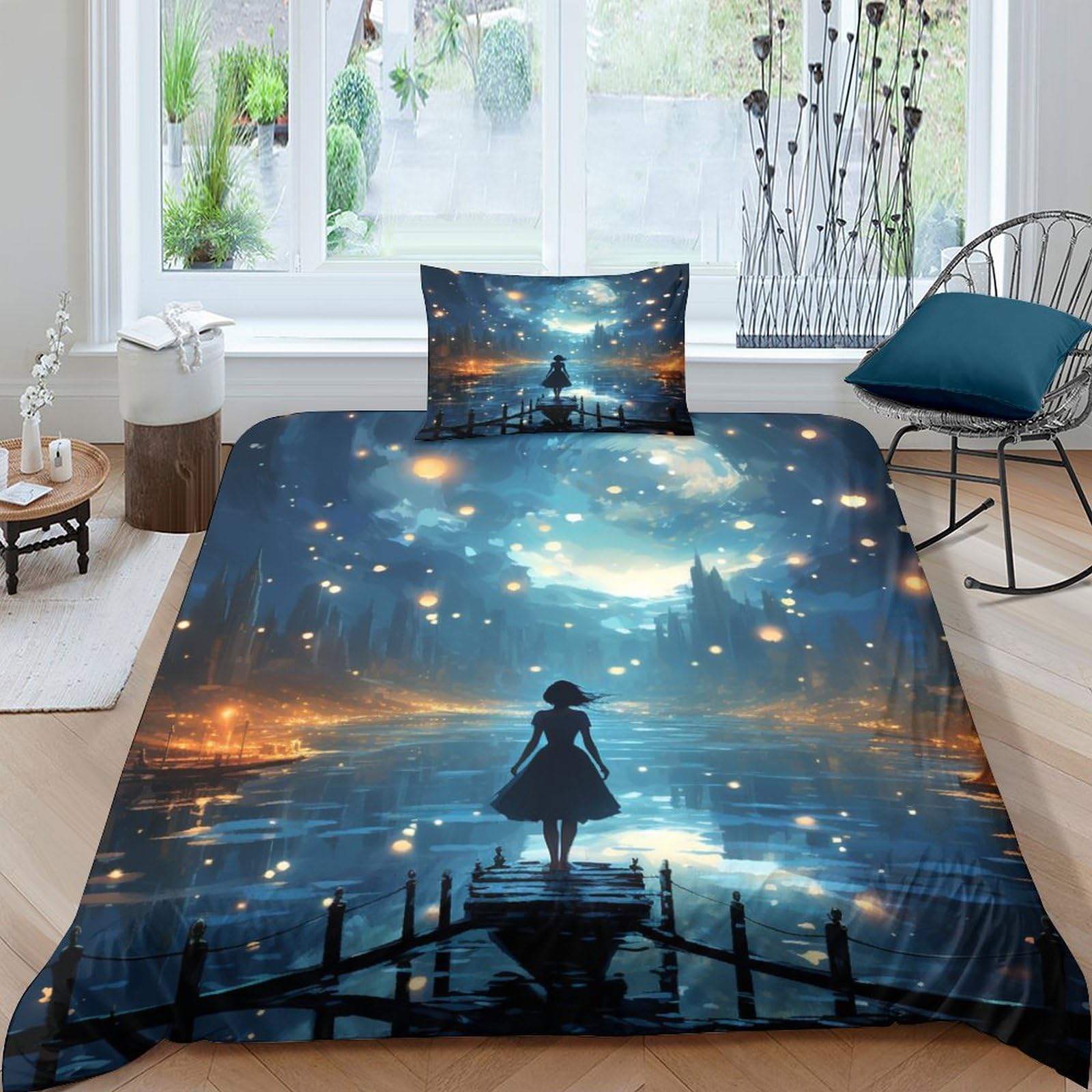 Housses de couettes 135x200cm ciel nocturne IOFEER imprimé étoiles avec 2 taies