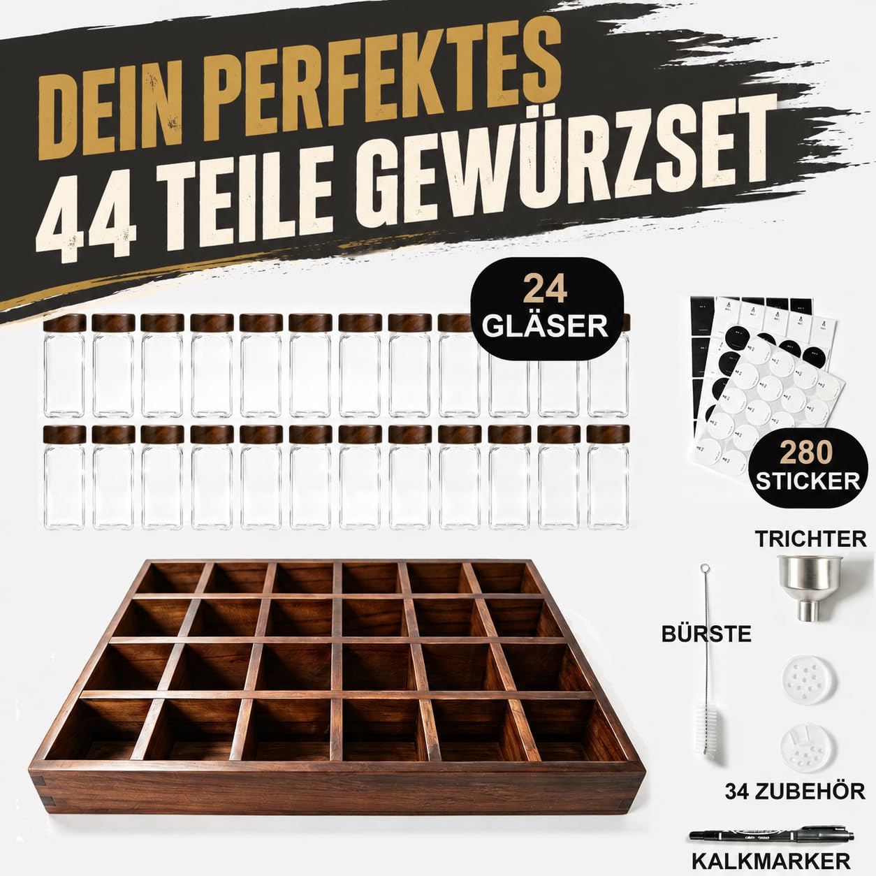 SAEIV Gewürzregal Holz Akazienholz Tablett-Gewürzständer 24x120ml Spice Jars Gewürzgläser Eckig Spice Rack Gewürzgläser Gewürz Organizer mit Edelstahltrichter,Etiketten für Küche&Esstisch