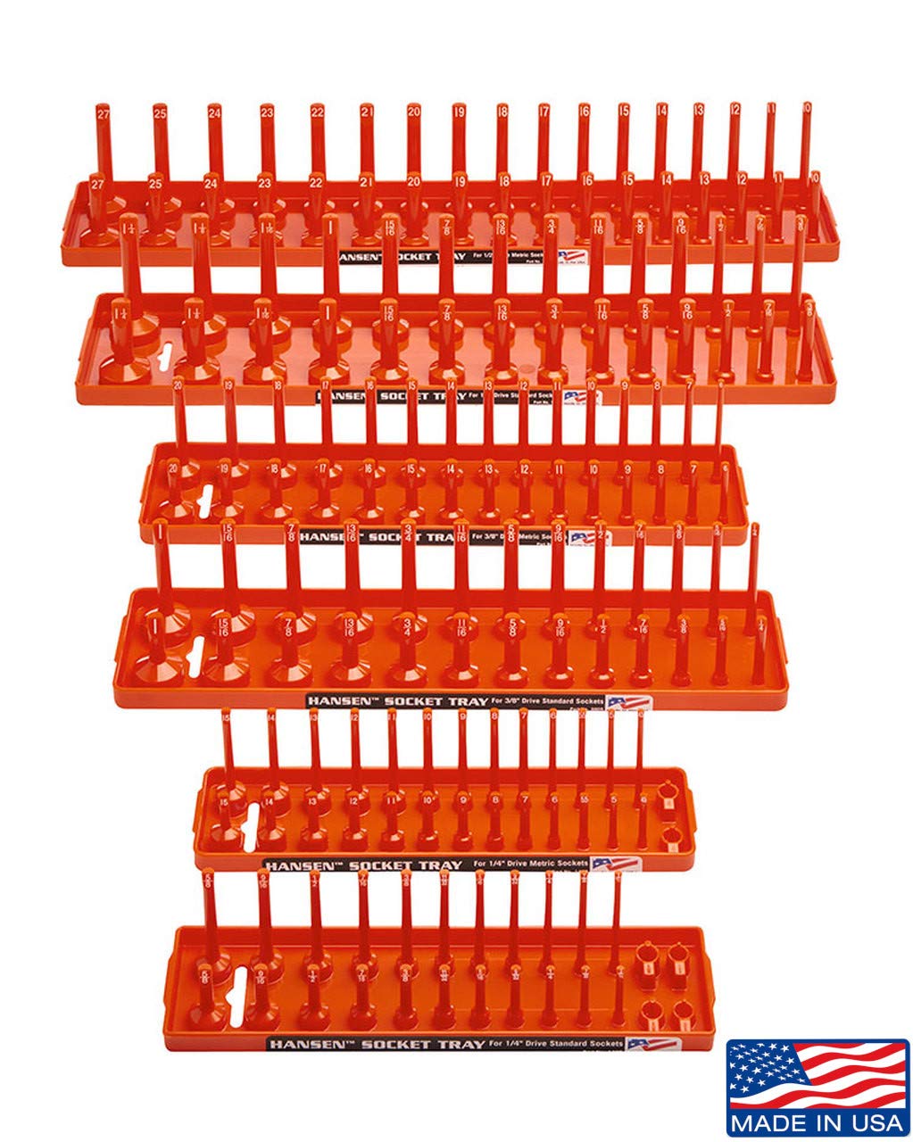 HansenGlobal 92002 SAE & Metric, 2-Row Socket Tray Set - 6-Pieces, Orange