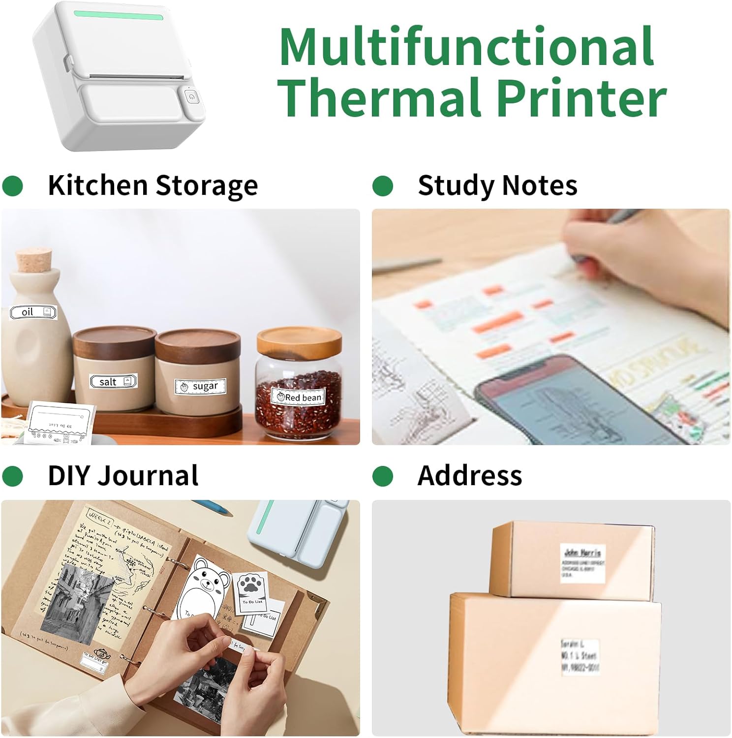 Examples of the mini thermal printer's multifunctional uses, including kitchen storage labels, study notes, DIY journal entries, and address labels.