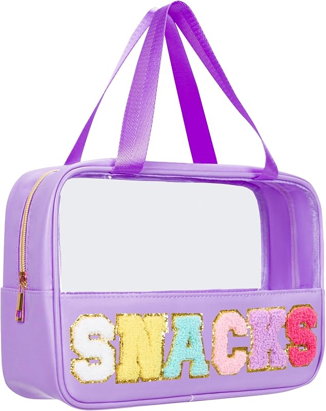 Snack Bags Chenille Letter Patch Clear Bag for Travel, Preppy Cosmetic Bag Snack pouch with Zipper, Toiletry Bag for Traveling Women, Clear Travel Bags for Toiletries (Deep Purple)