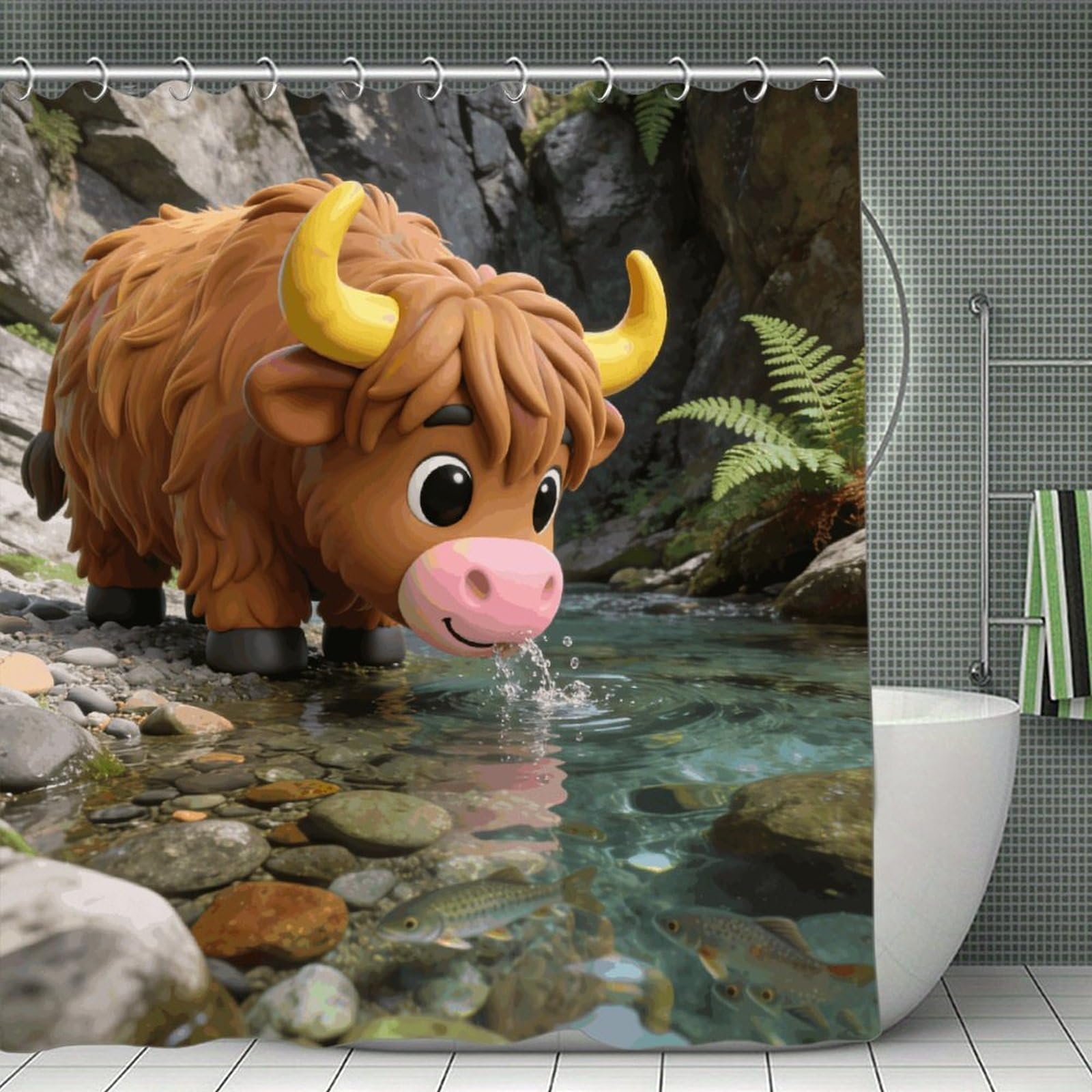 VstaDank Highland Cow Shower Curtain Light-Weight Blackout Bathroom Curtain Washable Shower Liner 71x71 Inch Bath Curtain with Metal Holes Bathtub Bath Room
