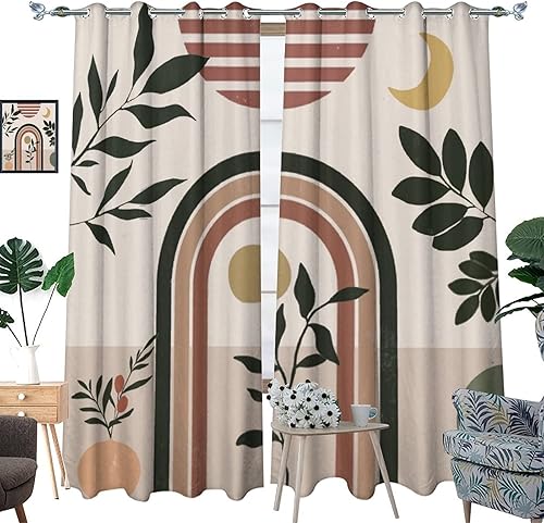 Miniatura 3 de Cortinas opacas de arte abstracto y moderno de mediados de siglo, estilo bohemio, rústico, bohemio, arco de plantas, luna, con aislamiento térmico y