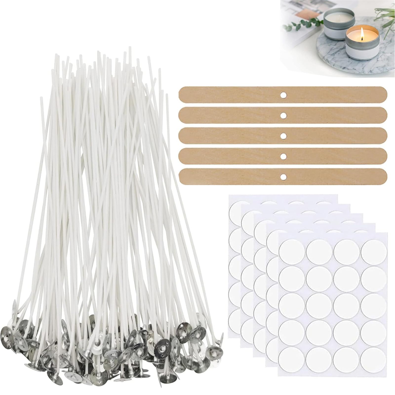 100 Pcs Cotton Candle Wicks (10cm) with 100 Pcs Wick Stickers and 5 Pcs Wooden Candle Wick Holders, Candle Wicks for Pillar Candle Making and Candle DIY