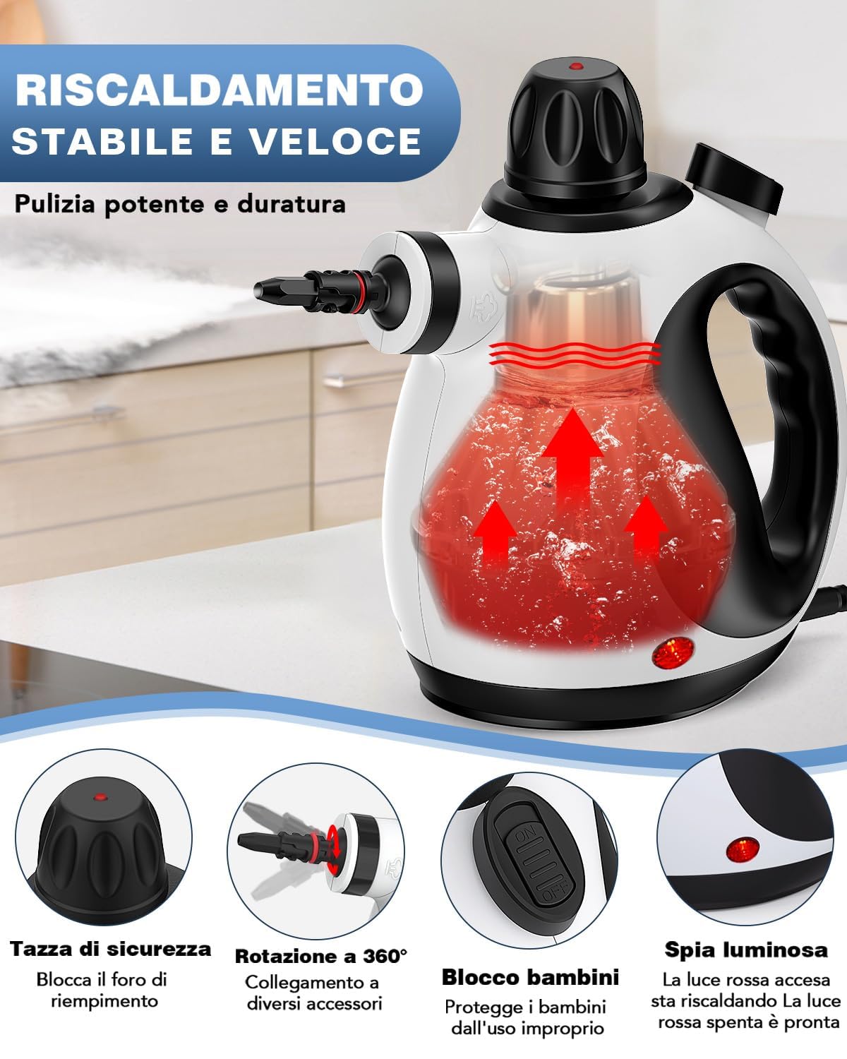 KLONA Pulitore a vapore manuale, pulitore a vapore per la casa, multiuso, con 10 accessori e serratura di sicurezza per tappeti, tende, divani, cucina
