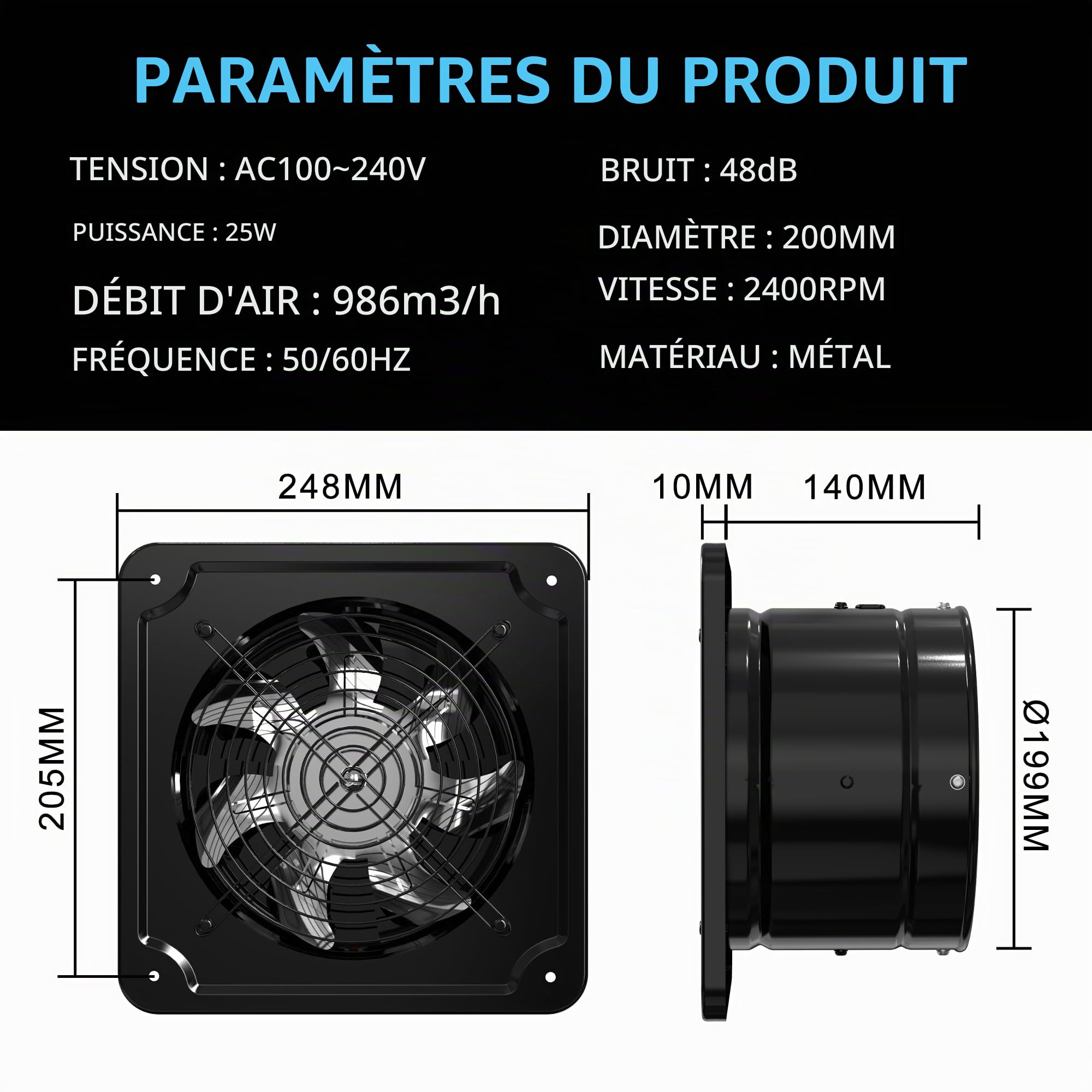 Industrial Extracteur d'Air 200mm Puissant pour Cuisine Garage