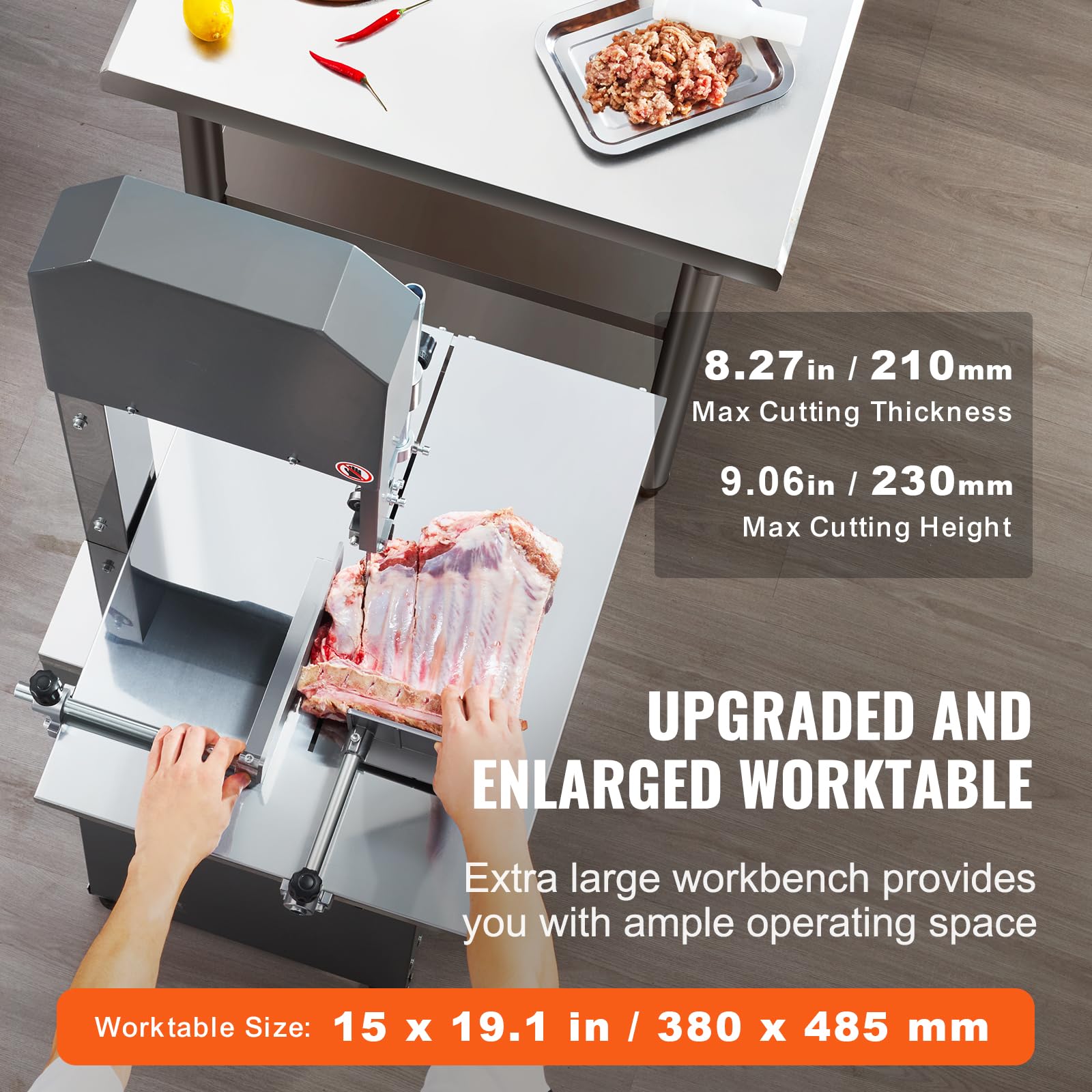 VEVOR Kommerzielle elektrische Fleischbandsäge, 850 W vertikale Knochensäge, 380 x 485 mm Werkbank, Knochenschneidemaschine, Gefrierfleischschneider mit Klinge für Rippchen, Schweinefleisch