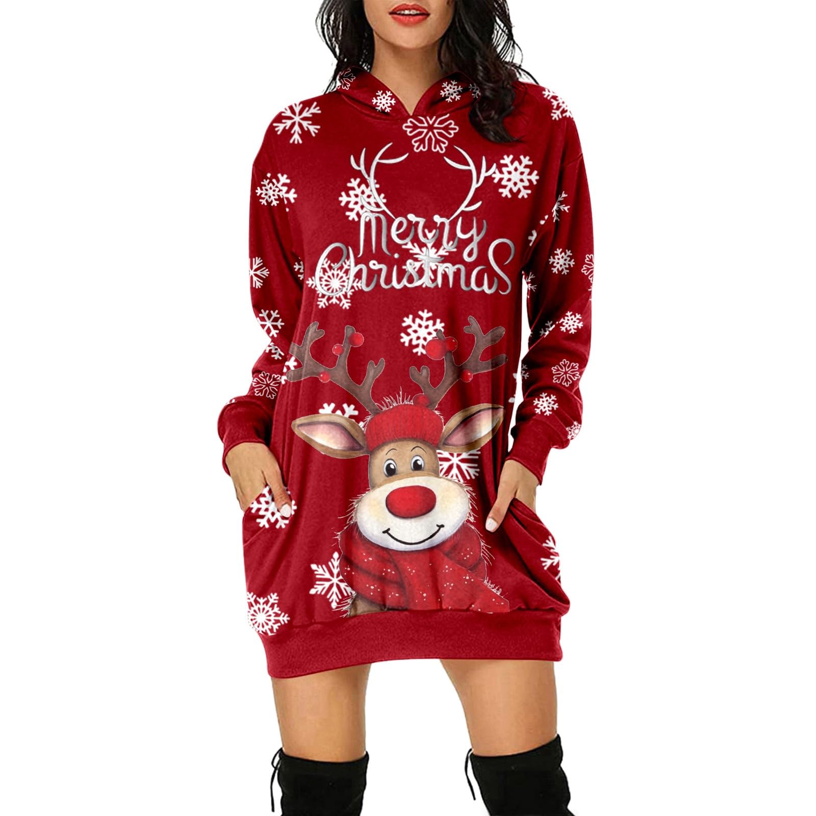 Darringls Robe Capuche Noel Pull Noel Manches Longues Sweat à Capuche Impression De Verre à Vin Femme Confortable Et Chaud Automne Hiver Col Rond Casual Tunique