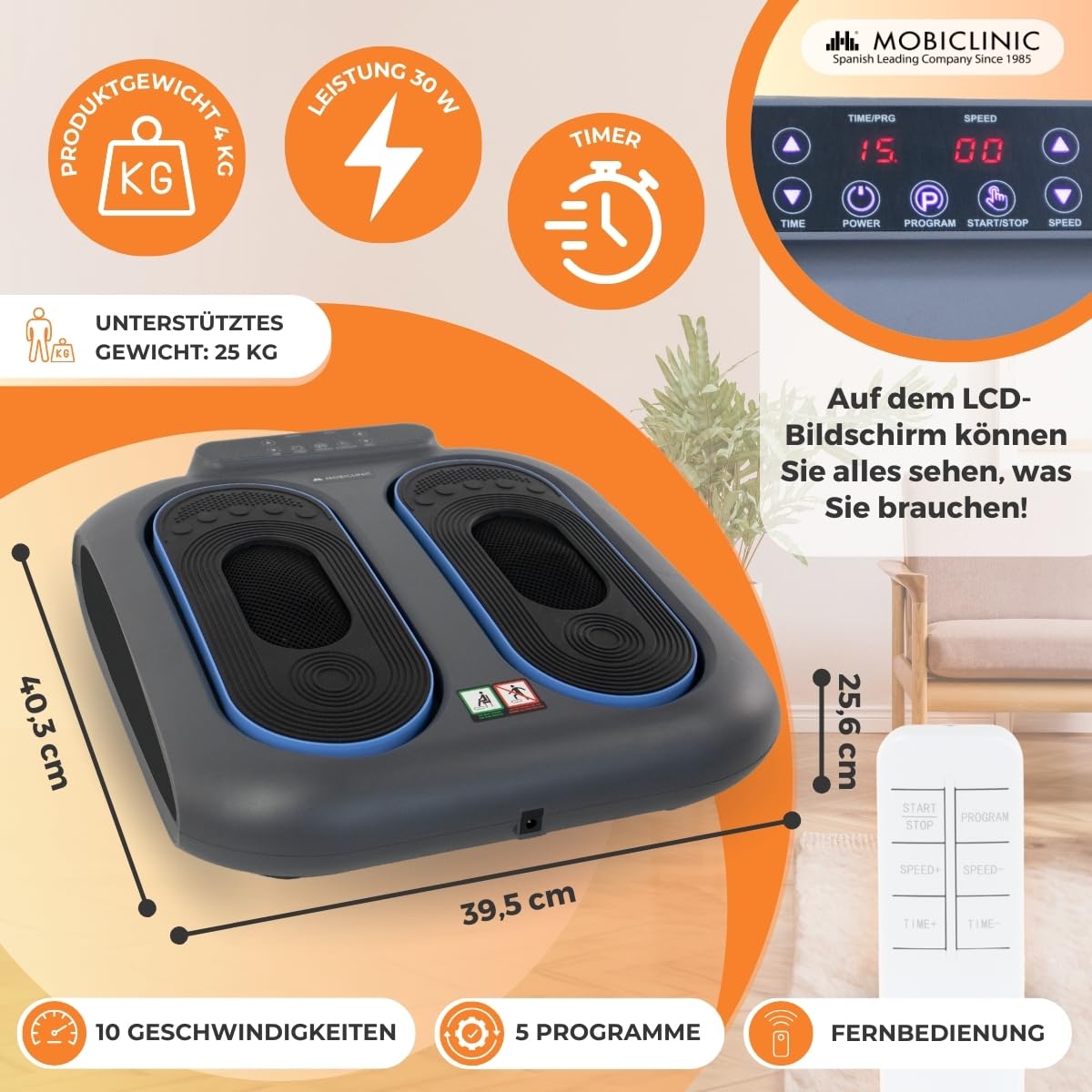 Mobiclinic, Fußmassagegerät, Vibration 10 Geschwindigkeitsstufen, 5 Programme, Timer, Fuß- und Beinmassagegerät mit Vibration, Fernbedienung und Bedienfeld LED, VIBFIT