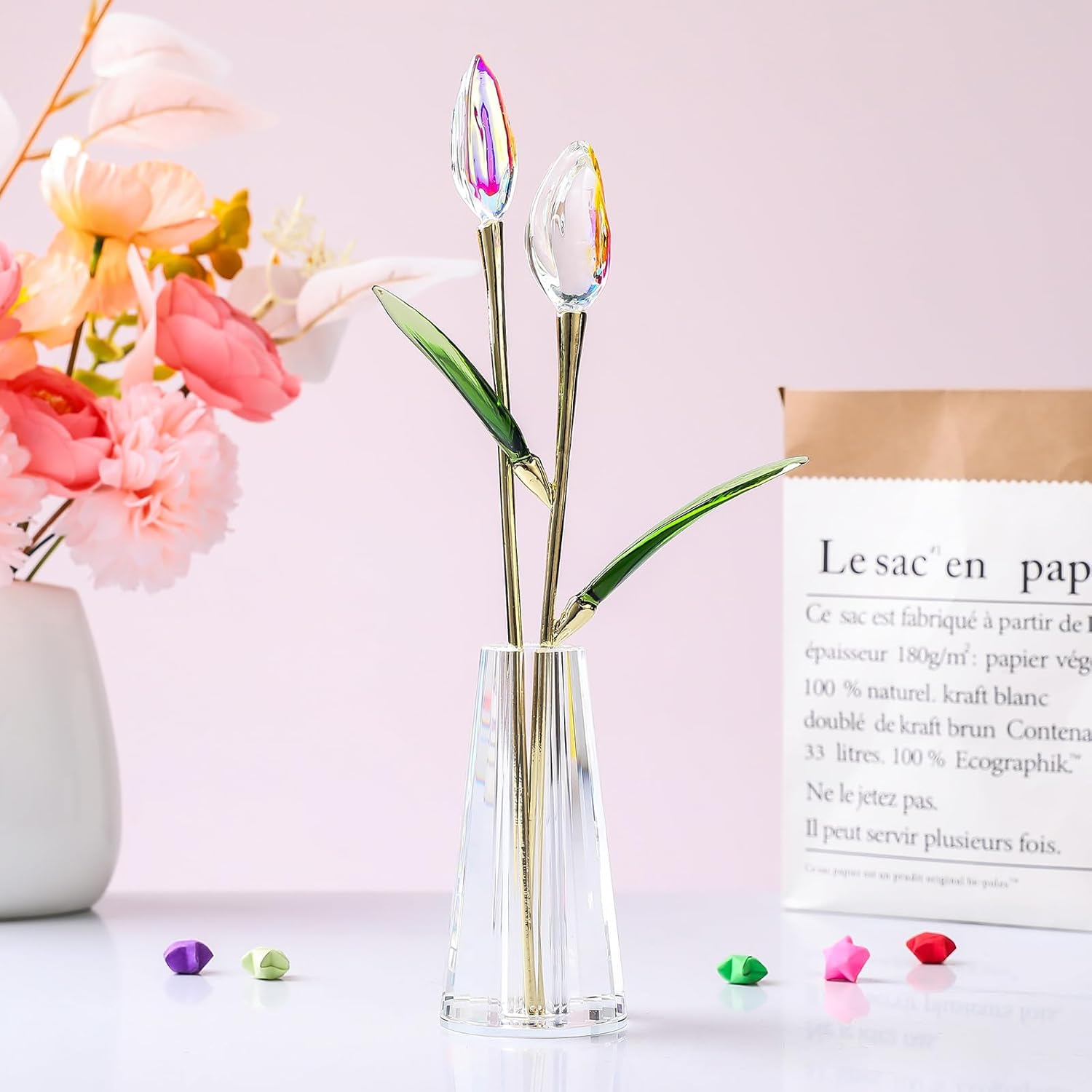 LONGWIN Crystal Tulips Flower Figurine Collectible with Vase Glass Spring Bouquet Flowers with Stem Home Decor Gift for Women Mom - Image 2