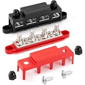 250A 12V busbar 4 x M8 5/16 terminal stud DC busbars distribution block with cover, negative & positive high performance module BusBar Box for Auto   Boot   Solar system M8