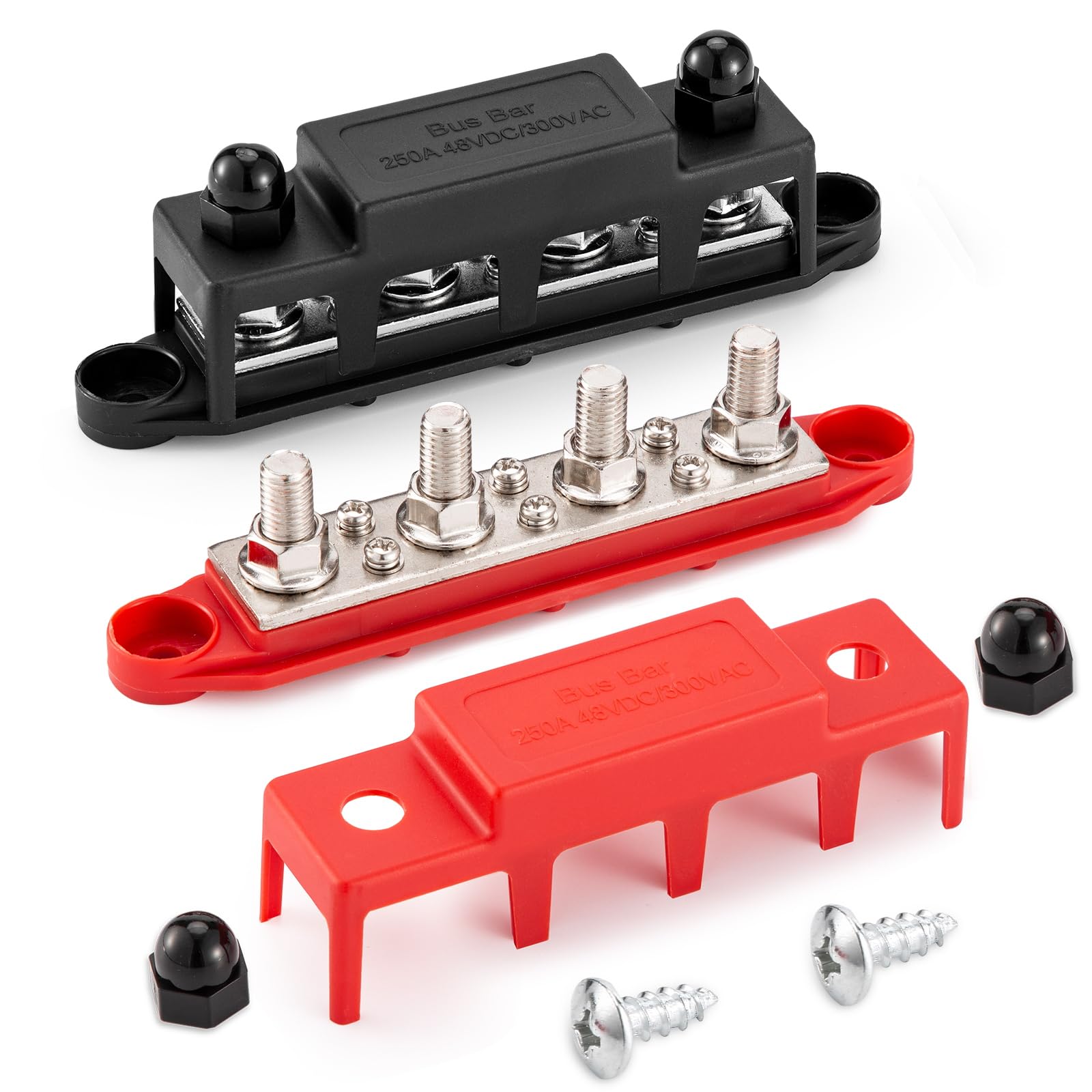 Bloc de distribution d'alimentation 12 V 250 A 4 bornes M8 (5/16") pour batterie marine, automobile, camping-car, câblage solaire – négatif et positif