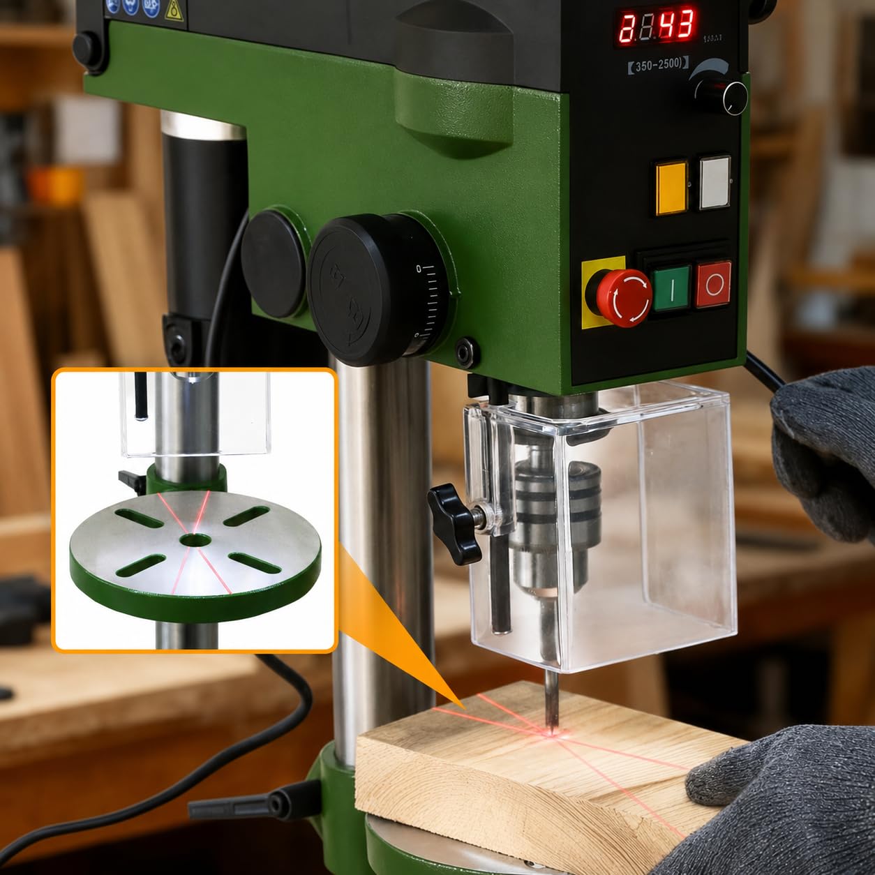 Präzisions-Tischbohrmaschine RB14-VS, 350W DC-Motor, 350–2500 U/min, 1,5–13 mm Bohrfutter, Digitalanzeige, Laser & LED, Tiefenanschlag für Holz Metall Kunststoff, Säulenbohrmaschine