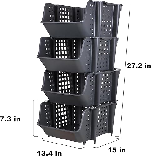 Miniatura 2 de Skywin Contenedores de almacenamiento apilables de plástico para despensa, color gris oscuro, paquete de 4 contenedores apilables para organizar