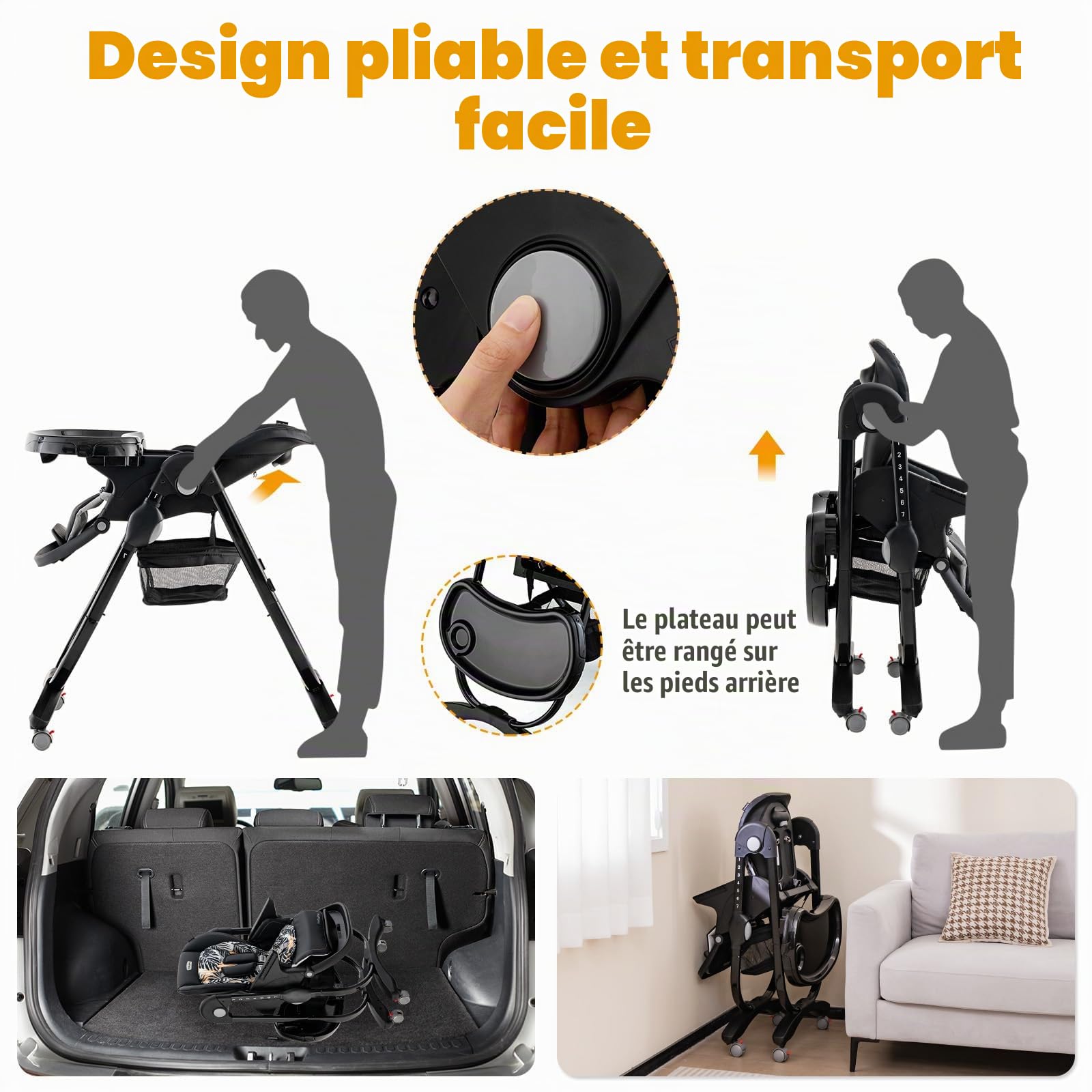 LIFEZEAL Chaise Haute Bébé Pliable avec Hauteur Réglable à 7 Positions, Dossier Inclinable, Chaise Haute Bebe Evolutive avec Coussin Confort, Double Plateau, Cardans, 6-36 mois,Charge 15 kg (Noir)