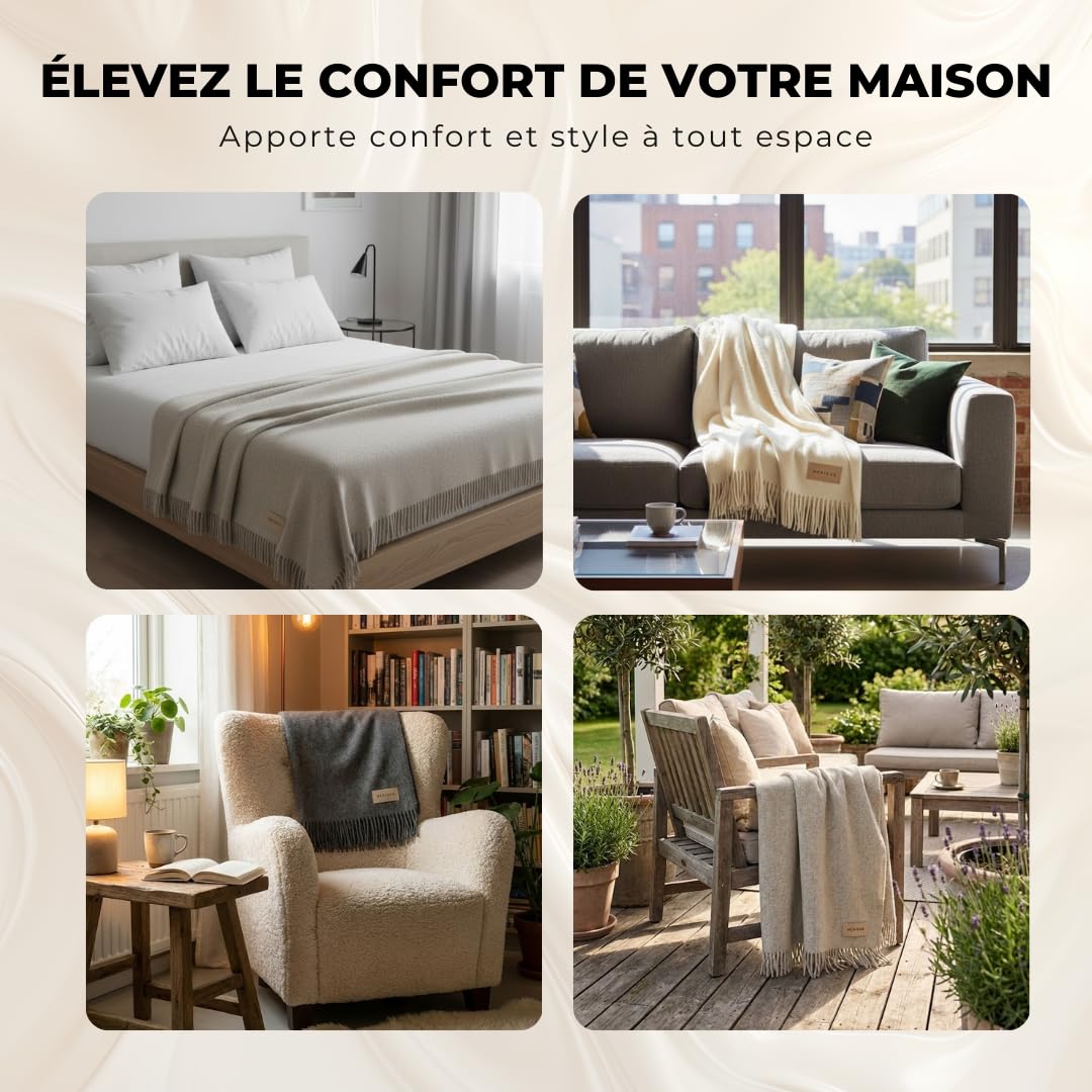 menique Plaid 100% Laine Milan 130x165 cm Beige Couverture en Laine Épaisse Style Automne Jeté Extra Fin et Chaud pour Camping Extérieur Canapé Lit