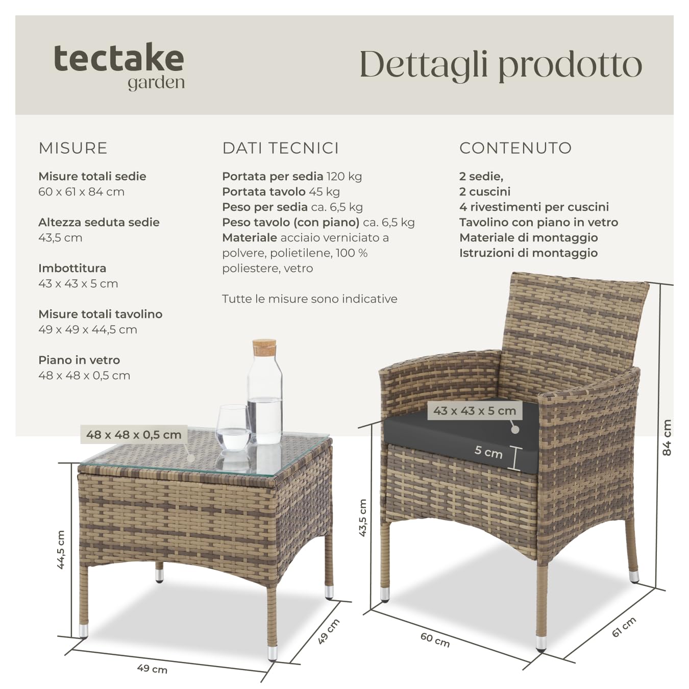 tectake® Set da Giardino in Rattan Lucerna, Robusto Telaio in Acciaio, Set Sedie da Esterno, Tavolino Salotto con Piano in Vetro, Comodi Cuscini, Design Moderno - Naturale