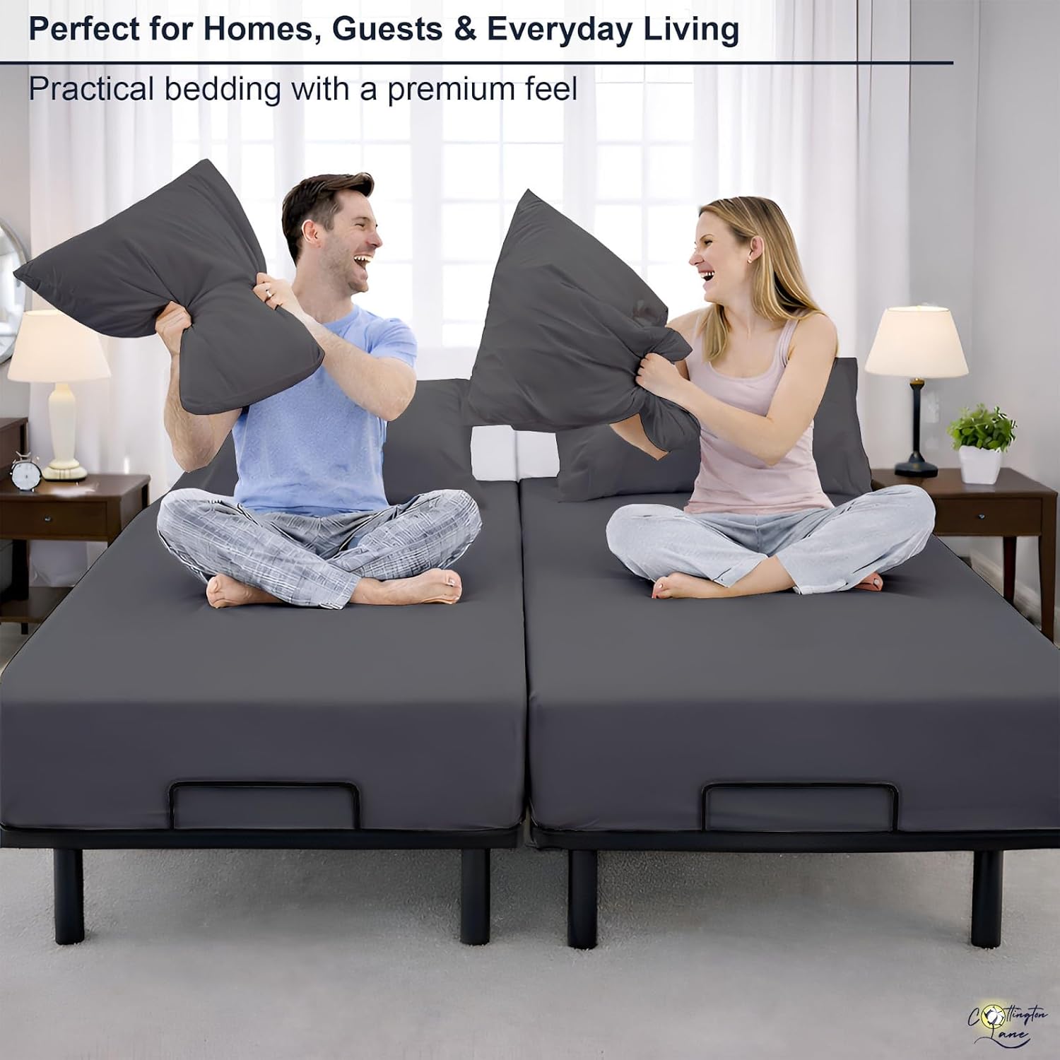 Cottington Lane Split Queen Sheets Sets for Adjustable Bed, Premium Cotton Split Queen Coolling Bed Sheets with 16 Inch Deep Pockets, Hotel Luxury Ultra Soft & Durable Bedding, Dark Grey Solid