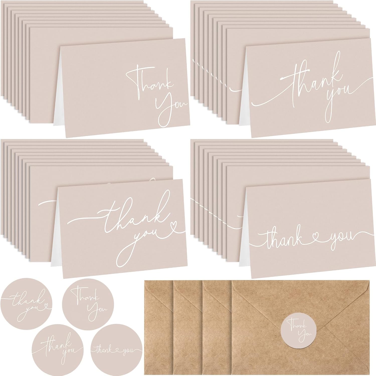 Teling 200 Set Thank You Cards with Envelopes Bulk, 6 x 4 Inch Blank Thank U Greeting Notes with Brown Kraft Envelopes Stickers Thankyou Card Set for Graduation Wedding Birthday Baby Shower (Khaki)