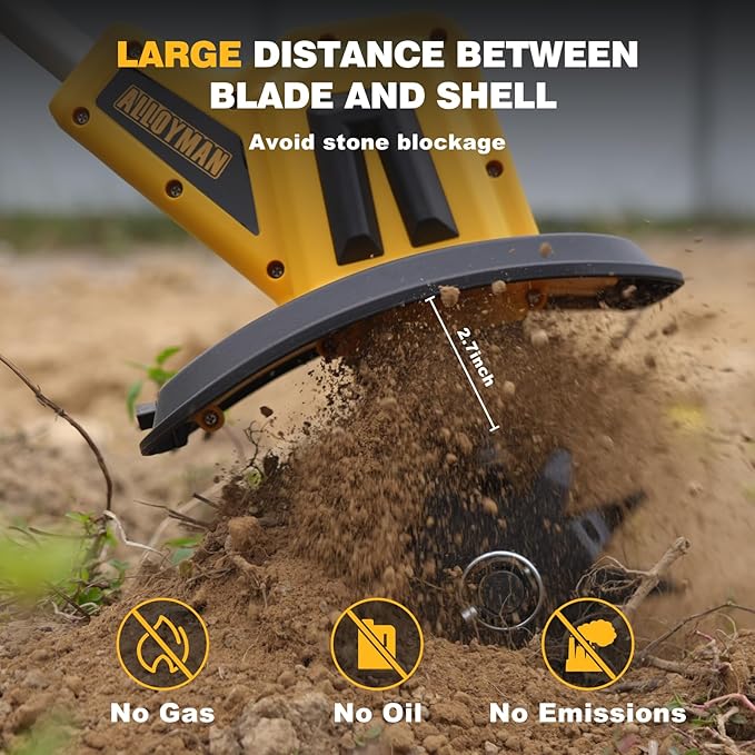 The Alloyman cordless tiller cultivator comes with 2 rechargeable batteries, providing longer lifespan and efficiency for your gardening needs. This versatile tool is ideal for small gardens, raised beds, and flower beds, as well as plowing, turning soil, weeding, and cleaning old and poor soil. Easy to clean and maintain, the detachable gears allow for hassle-free cleaning after each use. With 45 days of 100% satisfaction and a 2-year warranty, you can trust in the quality and performance of the Alloyman cordless electric tiller. Description by ChatGPT.