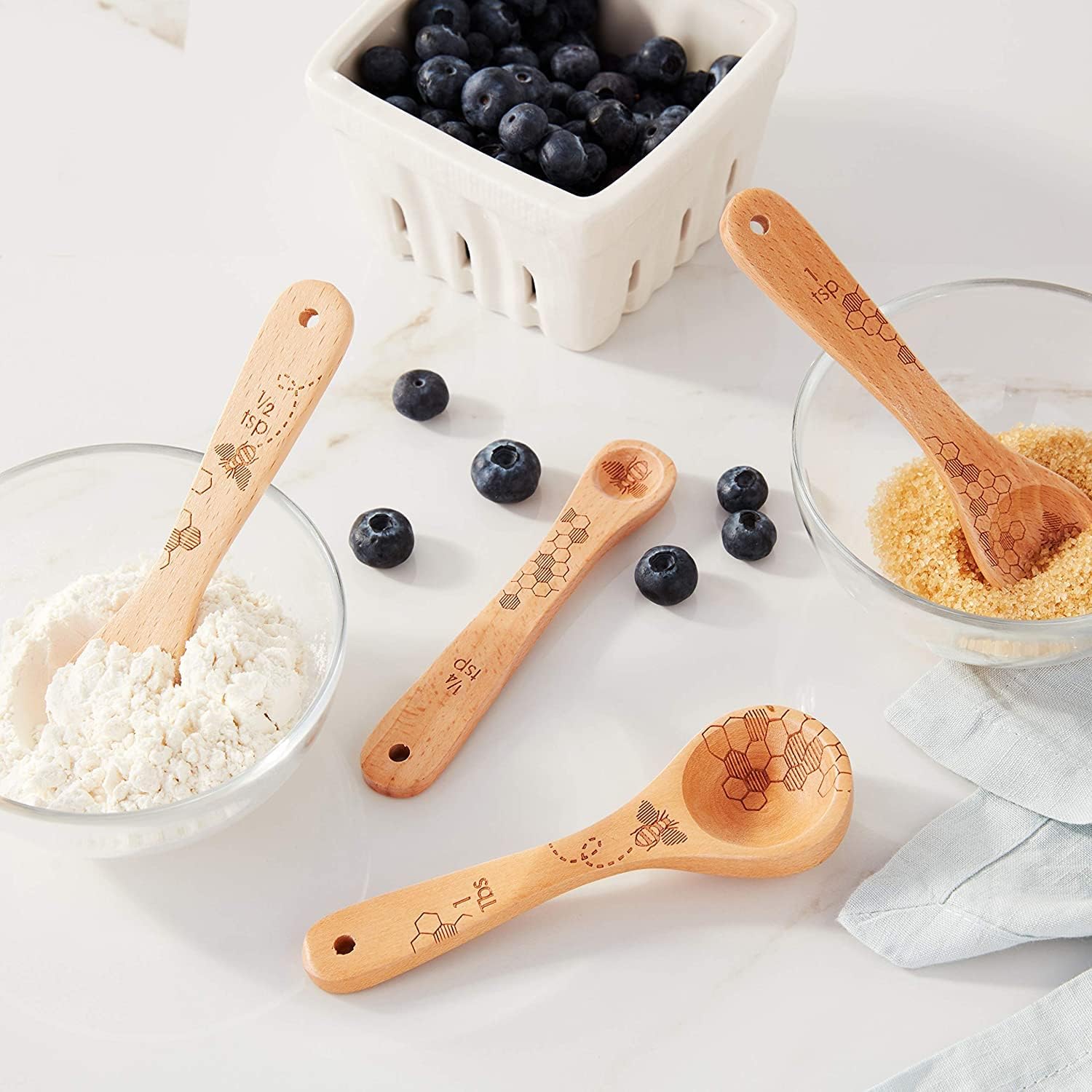Talisman Designs Laser Etched Beechwood Measuring Spoons | Set of 4 | Honey Bee Design | Natural Wooden Measuring Spoons Set | Cute & Functional Kitchen Tools