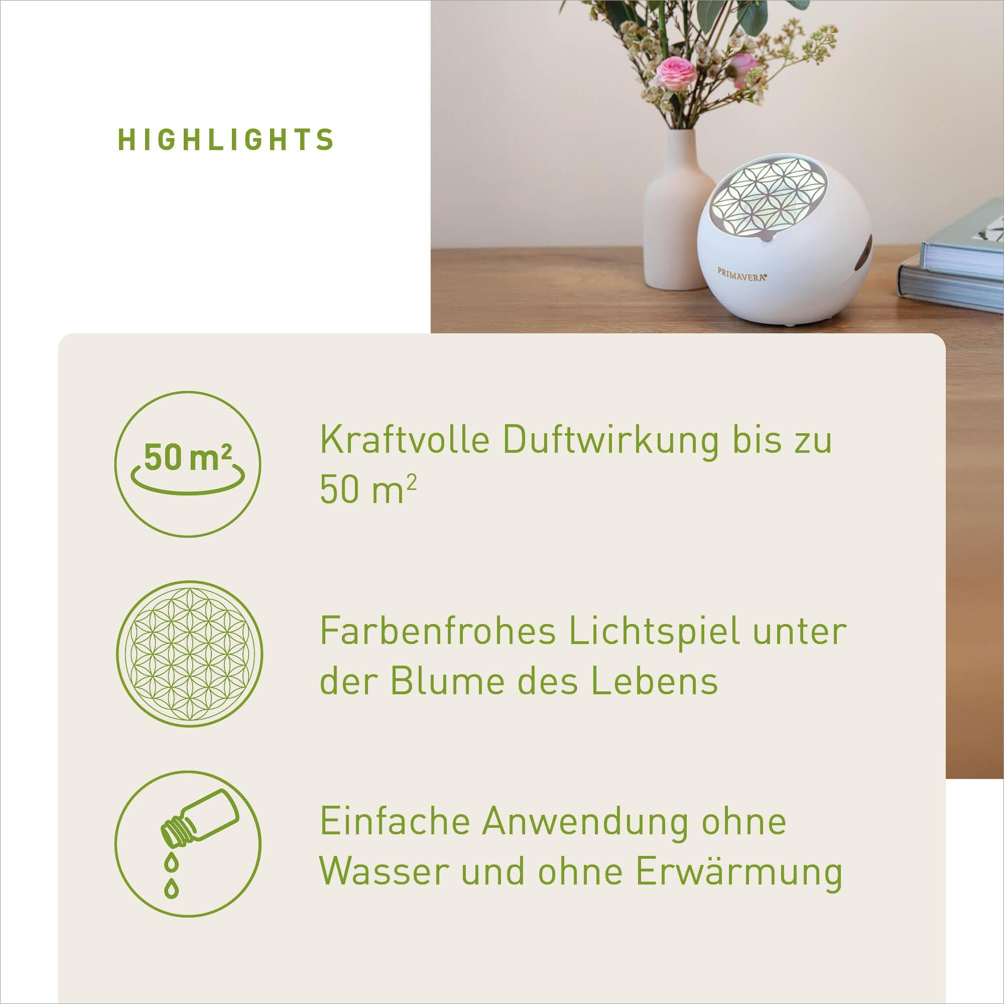 PRIMAVERA Aroma Ventilator Flower – farbenfroher Duftzauber für größere Räume – elektrische Duftlampe, Aromadiffuser, Raumduft – 3 Ventilationsstufen – Aromatherapie