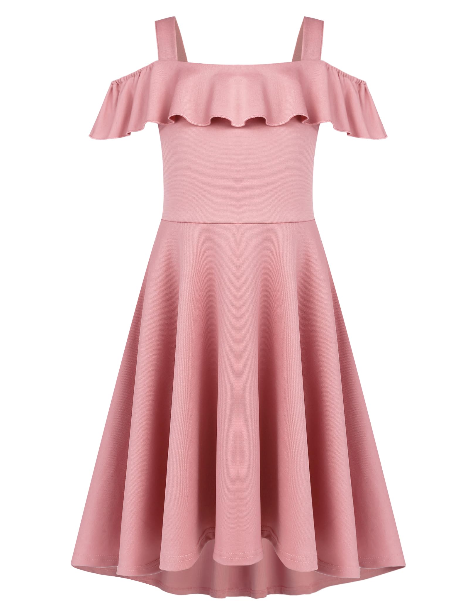 Arshiner Mädchen Sommer Kleid Schulterfrei Kinderkleid Rüschen Ärmel Elegante Eckiger Ausschnitt Trägerkleid Kinder A Line Swingkleid High Low Kleid Lässig Kleider mit Tasche 4-13 Jahre