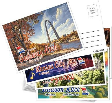SHOXREM Missouri Postcards Set of 24, 4x6 Retro Travel Landmarks | Vintage Travel Postcards | 8 Iconic Missouri Landmarks | Wall Decor, Collecting & Gifting