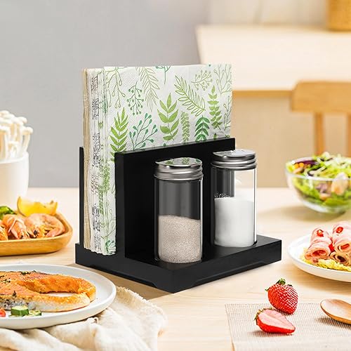 Miniatura 2 de AKKO Servilletero rústico con salero y pimentero, servilletero de madera para mesa con 2 botellas de especias, perfecto para mesa de comedor,