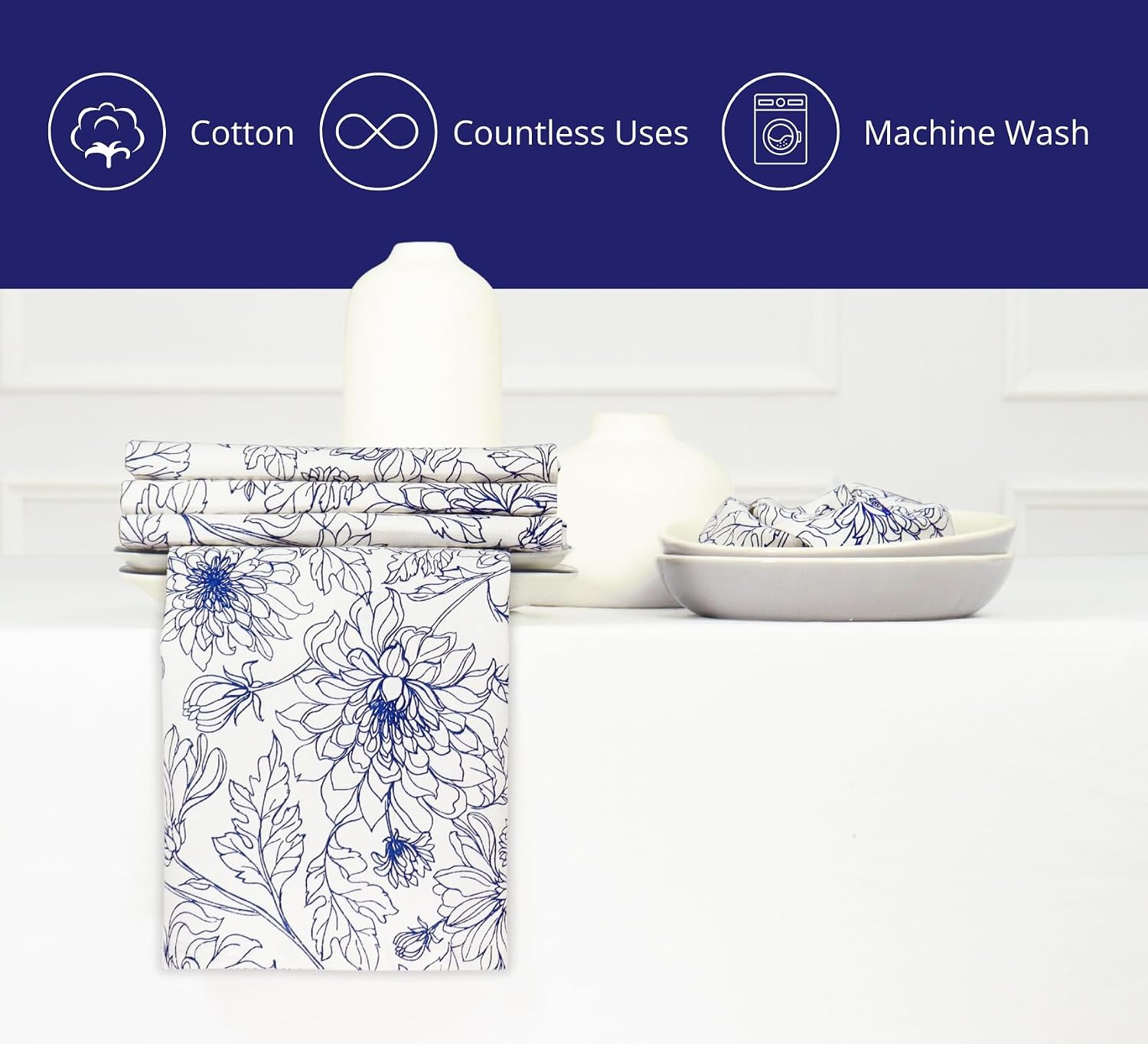 PurpleEssences Floral Cloth Napkins - Set of 6, 18x18 Inch - 100% Cotton, Soft, Durable & Washable - Perfect for Farmhouse Party and Everyday Dining - Spring Easter Summer - Blue Floral